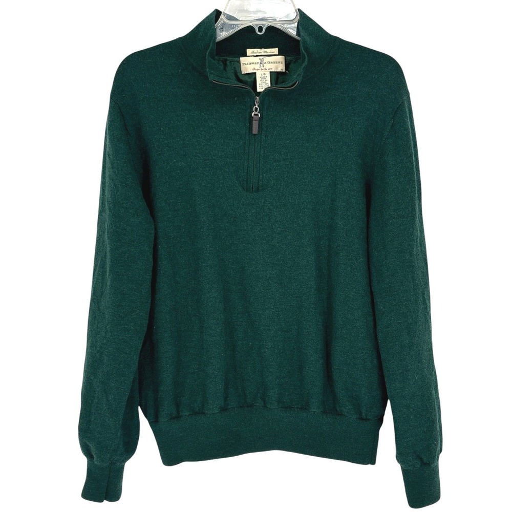Vtg Fairway & Greene Mens Italian Merino Wool 1/4 Zip Sweater L Green Brooklawn
